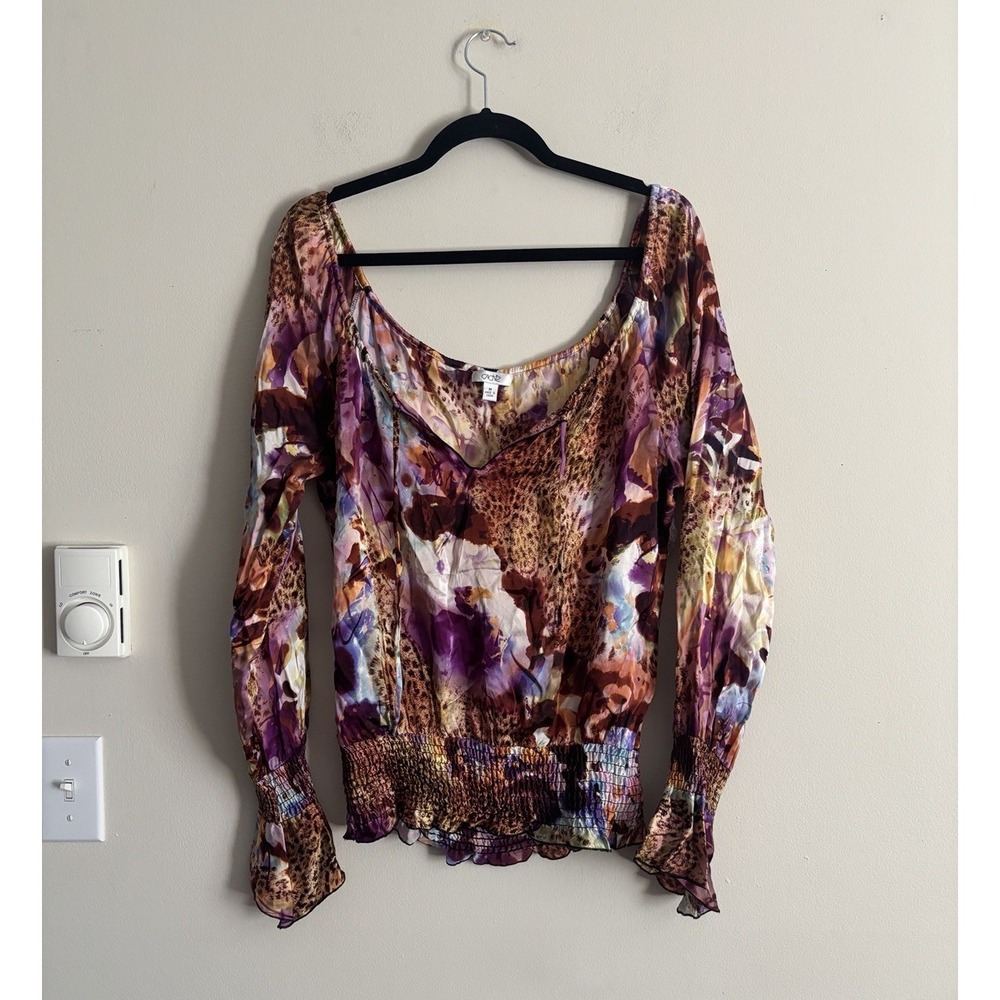 Vintage‎ Y2K Cache 90s 2000s Silk Top Medium Flowy Colorful Cheetah Print